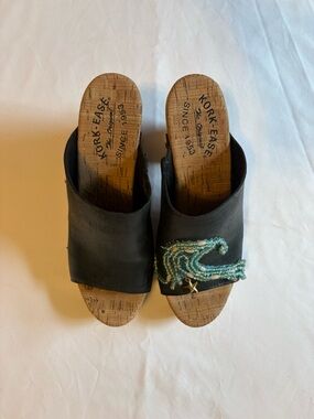 Kork-Ease Black Slide Mules with Turquoise Bead Embellishment